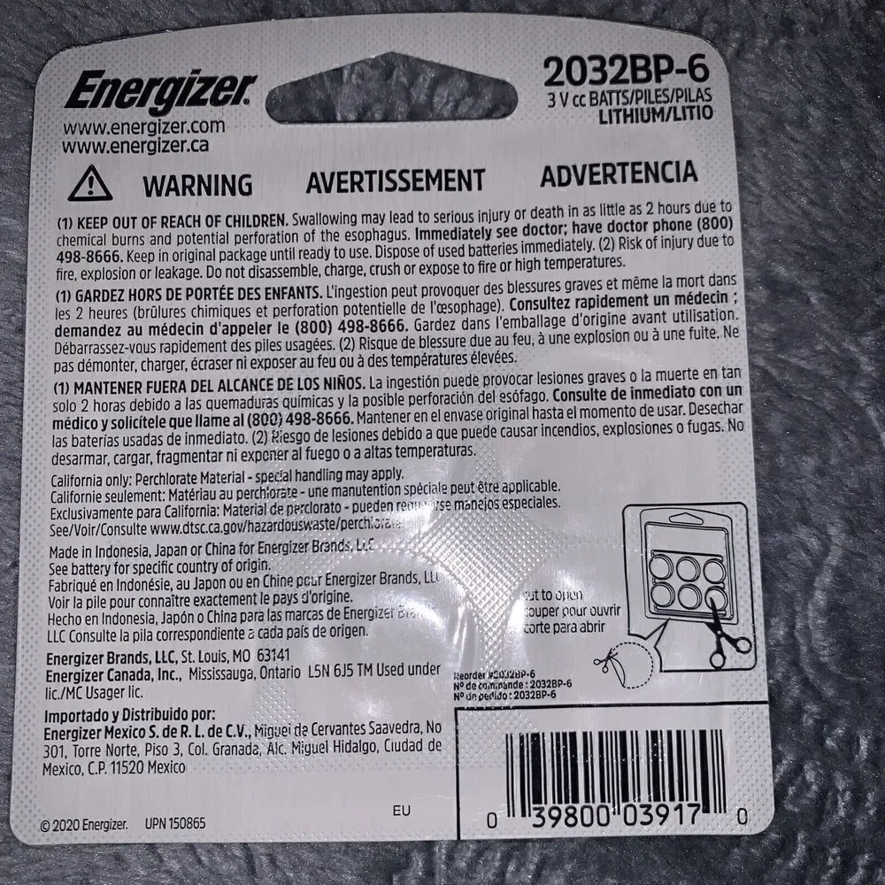 Energizer CR2032 3V Lithium Coin Cell 2032 Watch Battery 6 Count